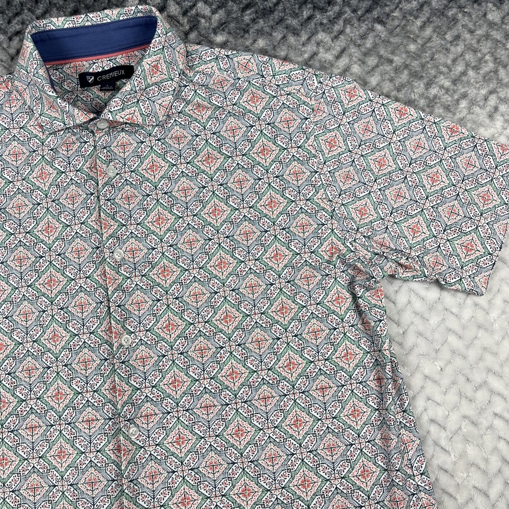 Cremieux Shirt Mens L Button Hawaiian Short‎ Slv Chili's Tile Print Stretch